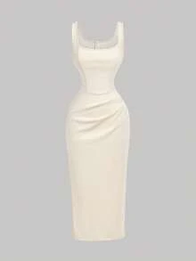 SHEIN MOD 女士纯色褶皱圆领修身中长连衣裙，无袖，夏季连衣裙，女士节日服装，优雅派对连衣裙，婚礼宾客礼服，毕业礼服，度假连衣裙，女士办公着装，正式礼服，女士优雅方领无袖中长连衣裙，带褶皱细节，适合正式场合，中长修身连衣裙，复古，怀旧，乡村音乐会服装，浪漫，生日礼服，复古连衣裙，法式连衣裙，下午茶，浪漫，田园风 - 杏色 - 查看 4