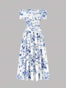 Serisse Kids Đầm trễ vai xếp ly in hoa cho bé gái tuổi teen - Xanh và trắng - Xem 2