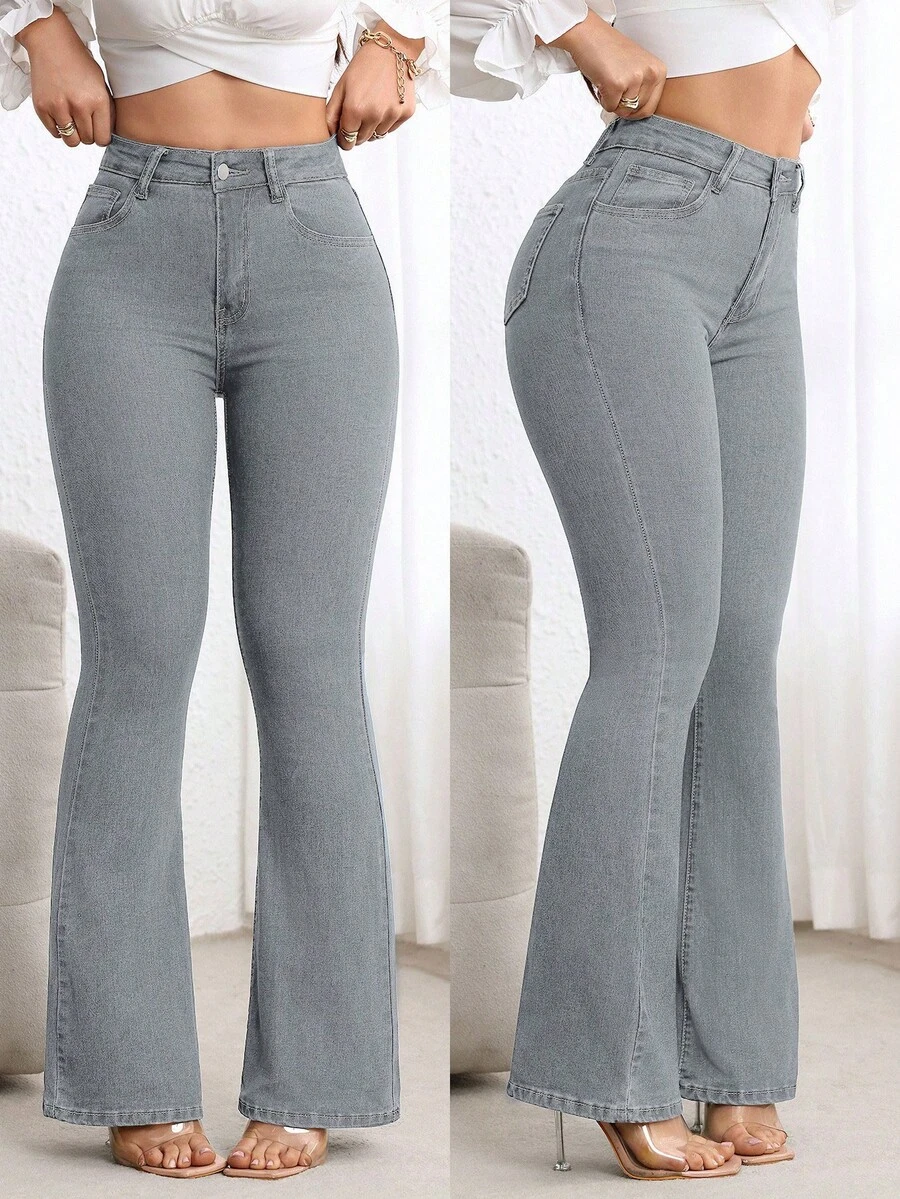 SHEIN PETITE Women's Solid Color Minimalist Everyday Jeans - Grey - View 1