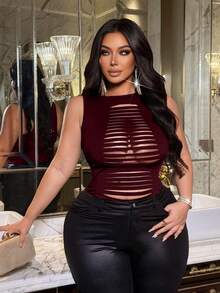 NU&NOW Plus Size Women Casual Hollow Out Ripped Design Sleeveless Top, Versatile For Everyday Wear - Burgundy - View 1