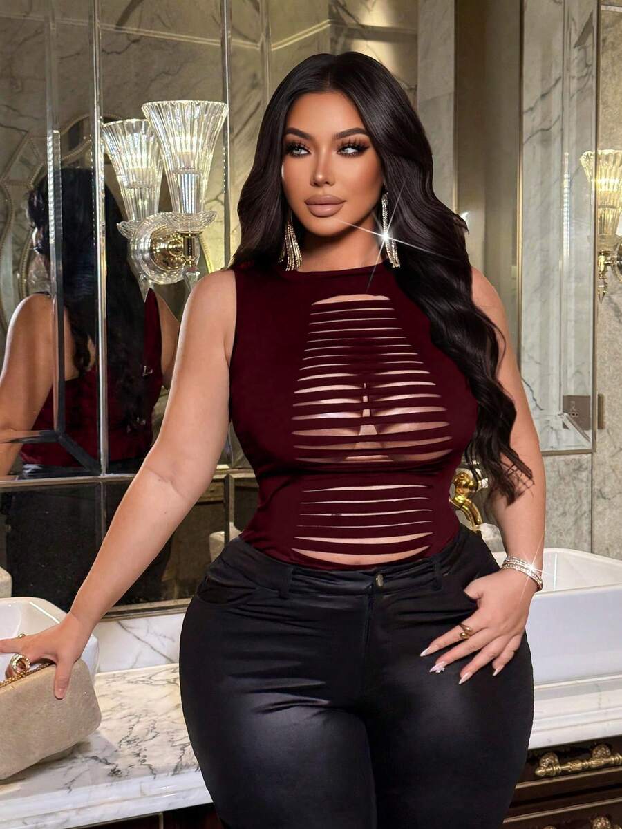 NU&NOW Plus Size Women Casual Hollow Out Ripped Design Sleeveless Top, Versatile For Everyday Wear - Burgundy - View 1