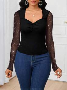 SHEIN Lady Blusa ajustada de moda con cuello de volantes de malla con aplicaciones de strass - Negro - Ver 4