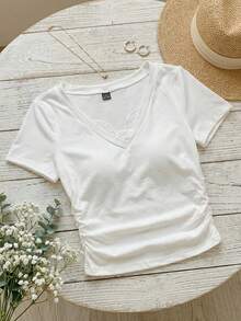 SHEIN EZwear 女士纯色V领褶皱休闲百搭日常短袖T恤 - 白色 - 查看 9