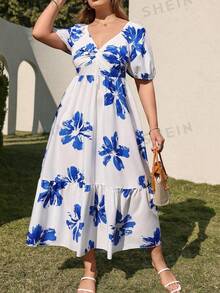 GlowEve CURVE 大码女式浪漫印花泡泡袖心形领扭结层叠A字荷叶边下摆休闲度假优雅长裙 - 藍白色 - 查看 8