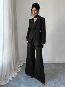 SHEIN Elenzya Women's Solid Color Minimalist Daily Wear Long Sleeve Top And Pants Suit - Black - View 4