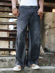 Manfinity EMRG Quần jean ống rộng đính sao kiểu Mỹ - màu đen - Xem 4