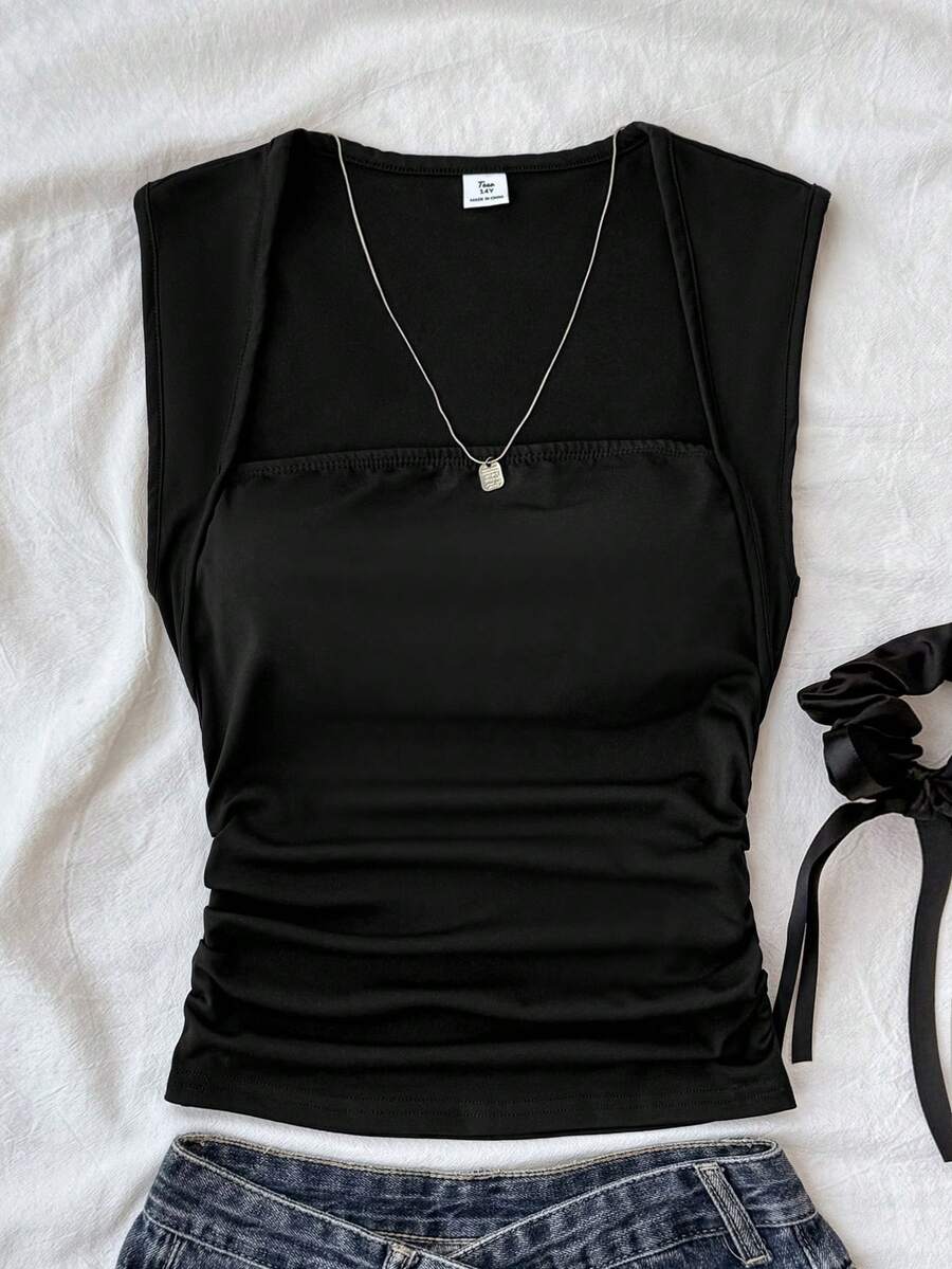 SHEIN 少女夏季纯色侧边褶皱背心 - 黑色 - 查看 1