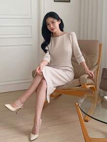 DAZY Vestido midi con cuello redondo y cintura ceñida, estilo de viaje de verano para mujer - Caqui - Ver 4