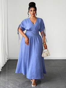 Maweii Vestido largo elegante con escote en V y mangas cortas que realza la cintura - Azul - Ver 3