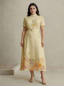 Anewsta Women's Elegant Yellow Summer Wedding Bridal Maxi Dress,Plus Size Floral Print Luxury Resort Party Banquet Mother's Day Birthday Short Sleeve Gown - Yellow - View 3