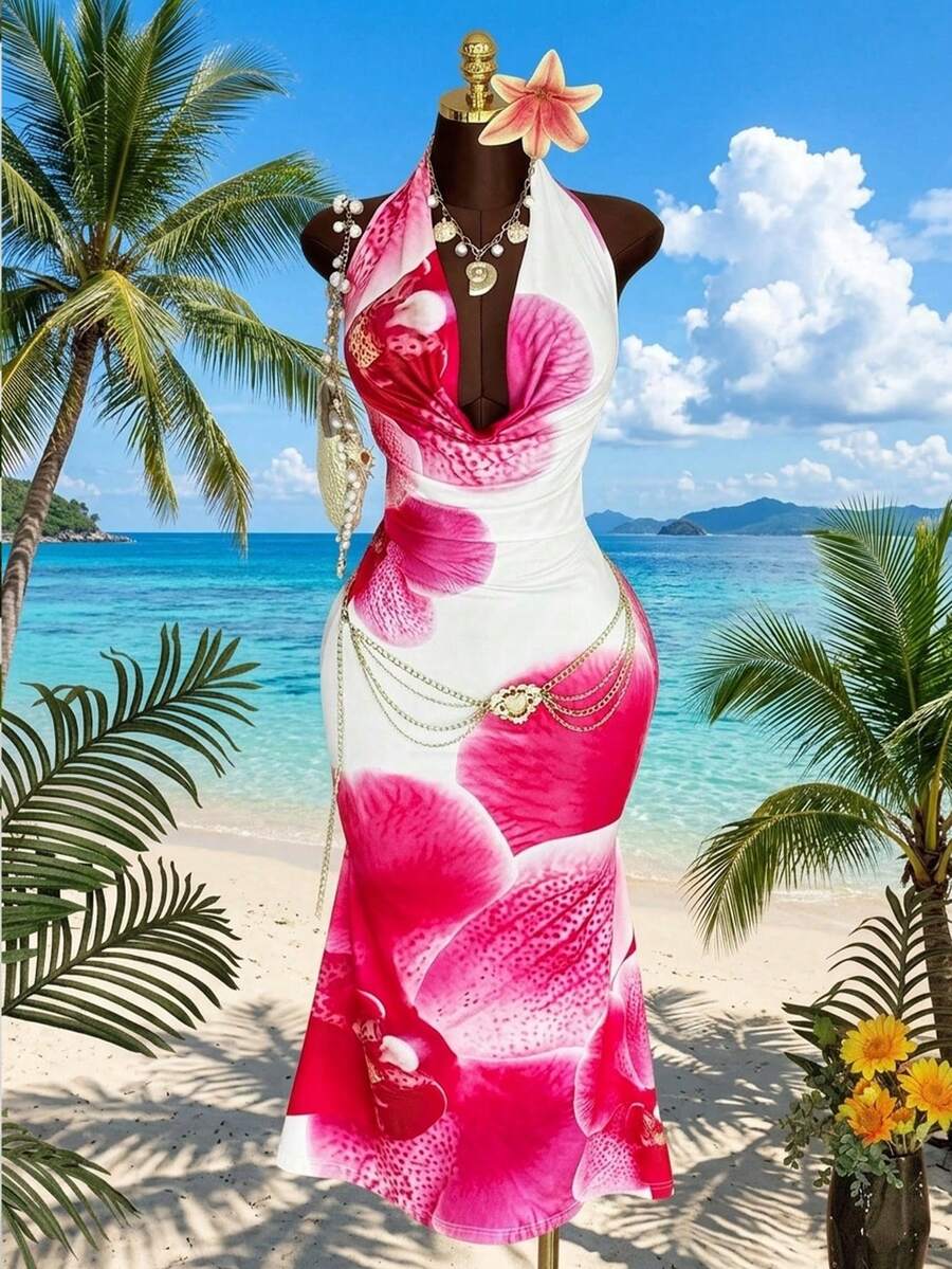 Sunspun Plus Size Vacation Style Ruffled Collar Cinched Waist Bodycon Dress - Multicolor - View 1