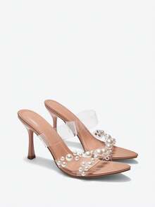 Eladyva Sandalias de tacón alto transparentes y desnudas para mujeres con decoración de perlas, sandalias de tacón alto simples y elegantes con punta puntiaguda para fiestas de verano, modernas y cómodas - Albaricoque - Ver 8
