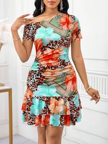 SHEIN Lady 女士夏季度假豹纹印花不对称肩部迷你连衣裙 - 彩色 - 查看 4