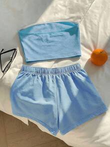 Comfortcana 2pcs Women's Casual Solid Color Blue Top/Tank And Shorts Set, Spring/Summer - Blue - View 2