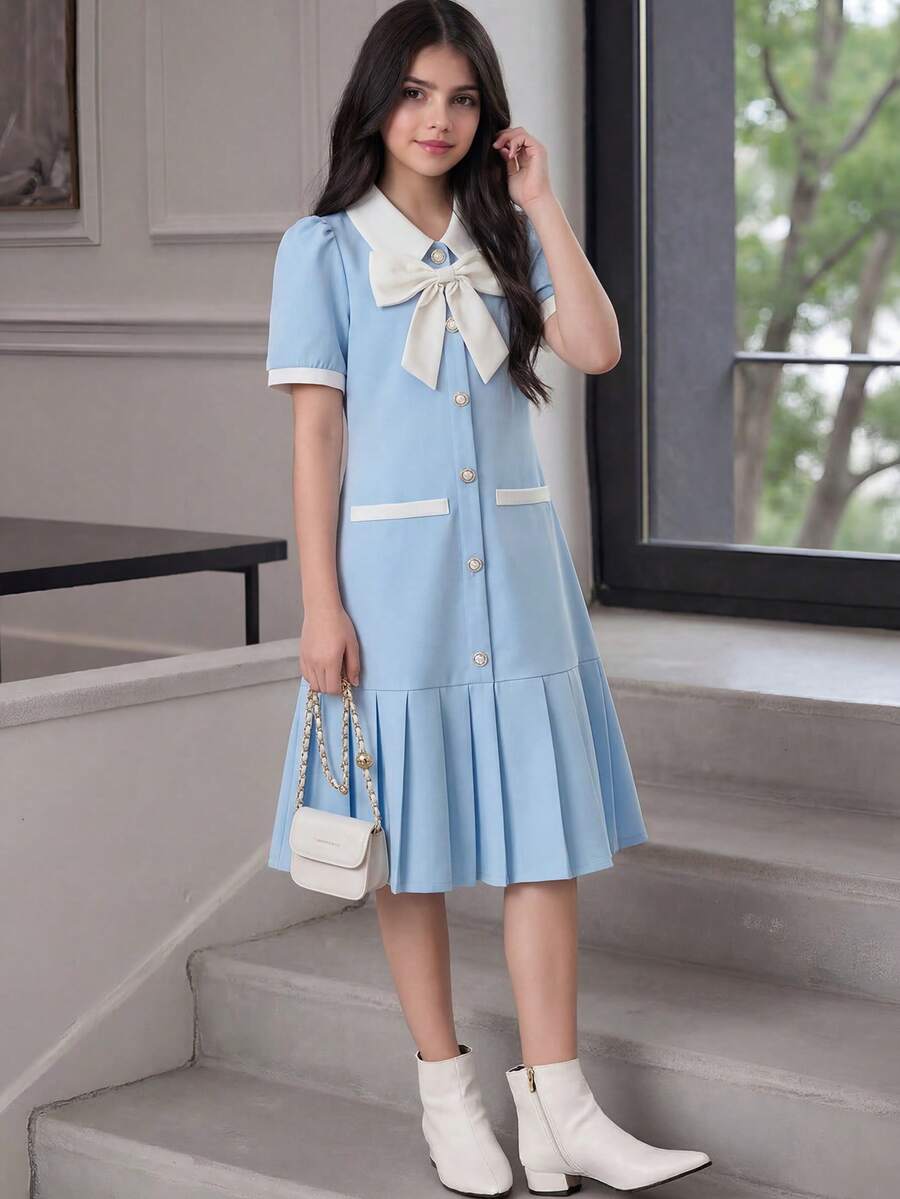 青少年女孩優雅夏季開學藍白條紋蝴蝶結裝飾短袖百褶洋裝,淺藍色彼得潘領套裝 - 藍色 - 查看 1