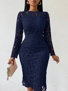 SHEIN Lady Vestido de invitada de boda de cuatro estaciones elegante y fiesta, vestido de encaje rosa de cuello redondo para mujer - Azul Marino - Ver 1