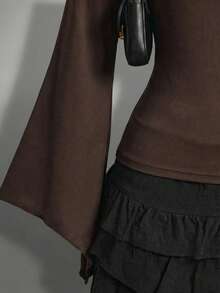 SHEIN ICON 大码女式V领蕾丝拼接喇叭袖T恤 - 棕色 - 查看 11