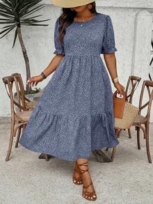 SHEIN CURVE+ Đầm nữ cỡ lớn in họa tiết da báo, cổ tròn, tay ngắn, eo xếp ly, dáng chữ A, kiểu dáng thường ngày, phong cách phương Tây, đi biển, bohemian. - Màu xanh hải quân - Xem 5