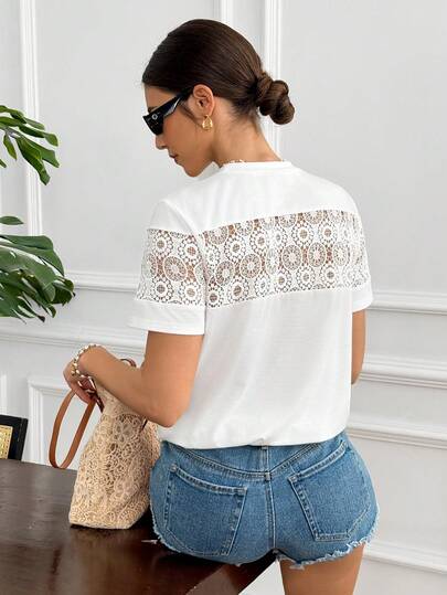 Serisse Camiseta holgada de manga corta con parches de encaje blanco, casual para vacaciones y viajes, verano