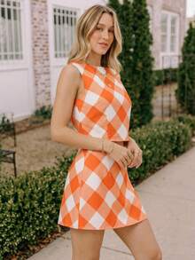 Coeurva Women's Chiffon Plaid Vest & Shorts 2 Pieces Set, Spring/Summer Vacation - Orange - View 1