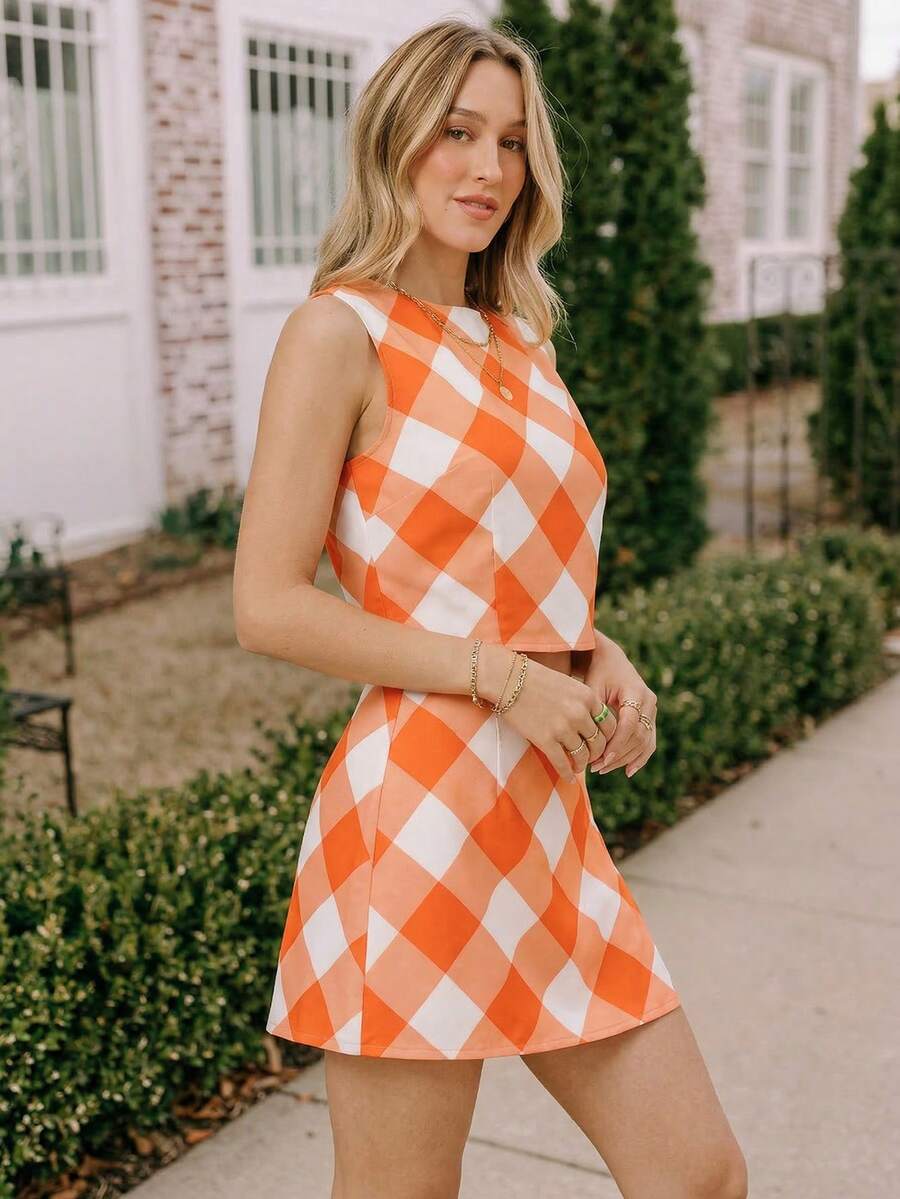 Coeurva Women's Chiffon Plaid Vest & Shorts 2 Pieces Set, Spring/Summer Vacation - Orange - View 1