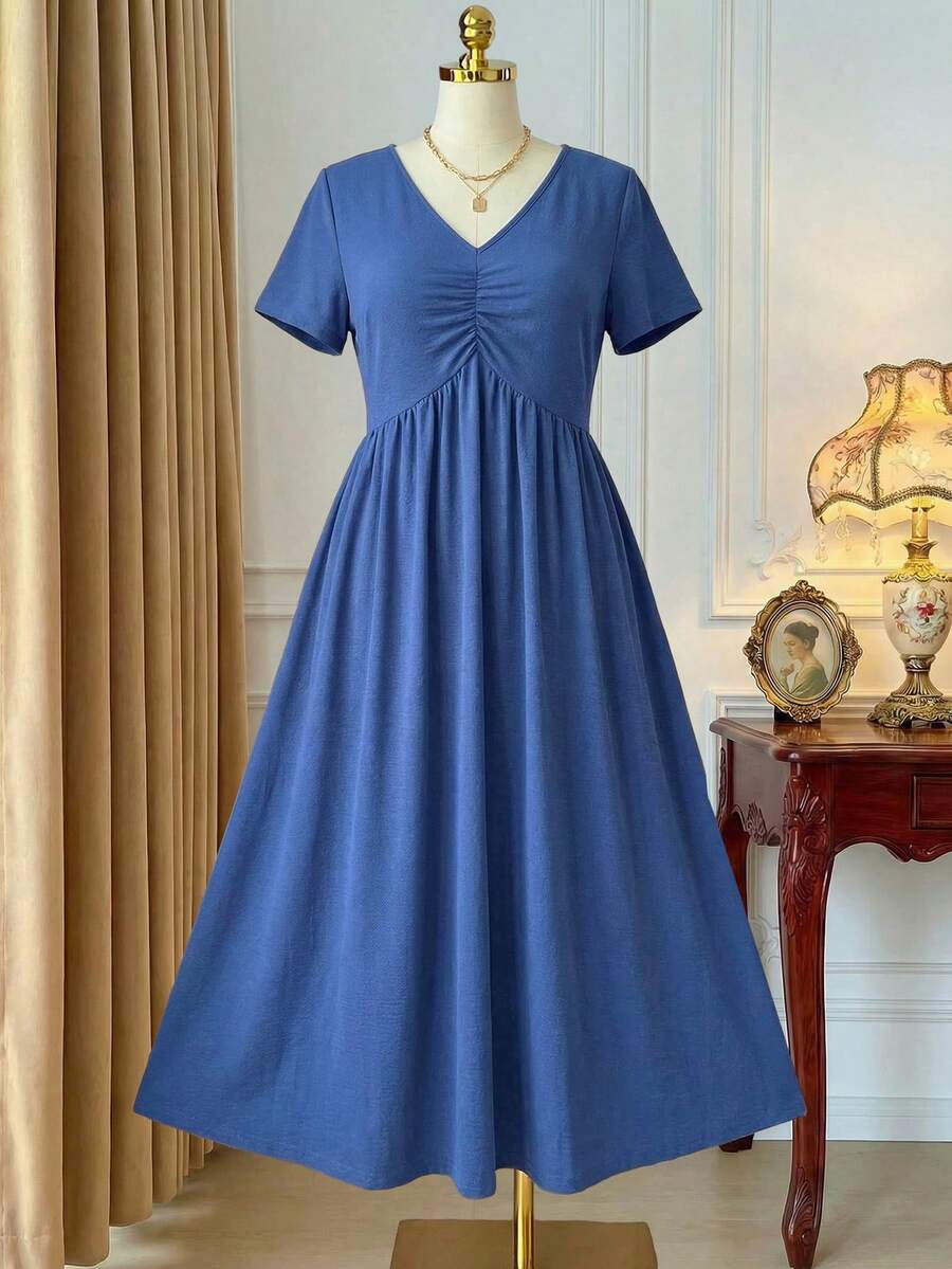 Rometta Elegant Casual V-Neck Pleated Design Short Sleeve Knitted Plus Size Dress, New Style - Dusty Blue - View 1