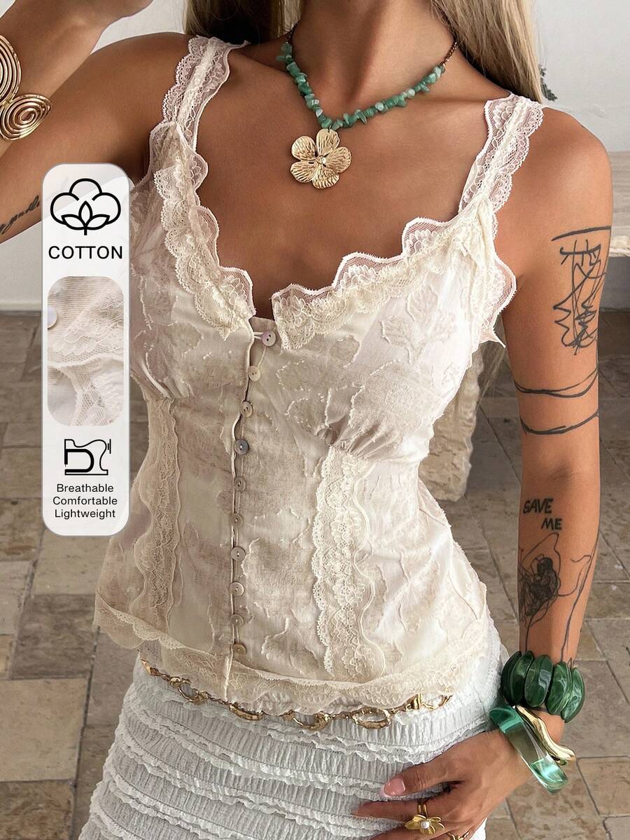 Women's Floral Contrast Lace Trim Camisole, Elegant Waist Cinched Vacation Summer Top - Apricot - View 1