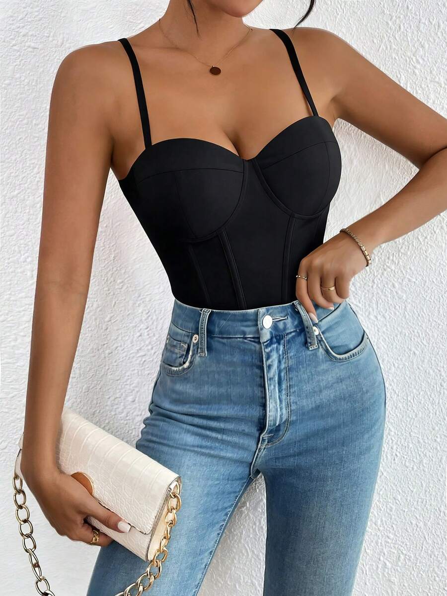Zolique Women's Solid Color Casual Versatile Daily Wear Bodysuit Bodysuits For Women Basics Bustier Tops For Women - Black - View 1