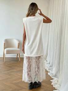 SHEIN LUNE 女士休闲纯色蕾丝拼接无袖长连衣裙，春夏日常穿着、通勤和外出必备单品。女士休闲装、女士夏季装、白色意大利连衣裙、波西米亚风休闲连衣裙、无袖连衣裙、蕾丝连衣裙、白色连衣裙、新款连衣裙 - 白色 - 查看 3