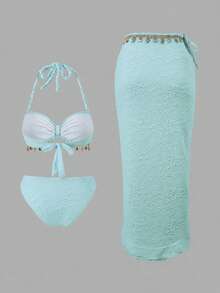 Bonvoyette Women's 3 PiecesTextured Fabric Shell Trim Rope Decor Swimsuit Set, For Beach & Holiday - Blue - View 2