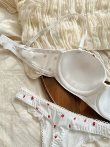 Ladies Lace Splice Strawberry Print Underwire Bra And Panty Set (2 Pieces), Lingerie, Kawaii - White - View 3