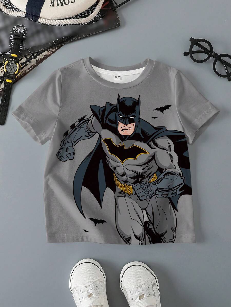 BATMAN X SHEIN Áo thun tay ngắn cổ tròn dáng thường ngày cho bé trai. - trắng - Xem 1