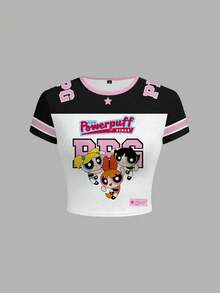 THE POWERPUFF GIRLS X SHEIN 女士圆领短袖露脐T恤 - 白色 - 查看 1