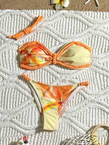 Bonvoyette 2pcs/Set Girls' Lotus Flower Print Padded Tankini Top And Braided Side Tie Triangle Bottoms Swimsuit - Multicolor - View 4