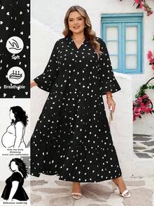 SHEIN CURVE+ 加大码/情人节/度假休闲梭织宽松A级女装加大码衬衫裙 - 黑色 - 查看 11