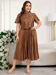 Reflora Vestido elegante de talla grande para mujer con parches, bordados y malla, con dobladillo plisado - Óxido marrón - Ver 14