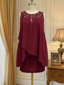 Rometta Dress Ukuran Plus Asimetris Kontras Lace Membungkus Plain Anggun - Burgundy - View 5