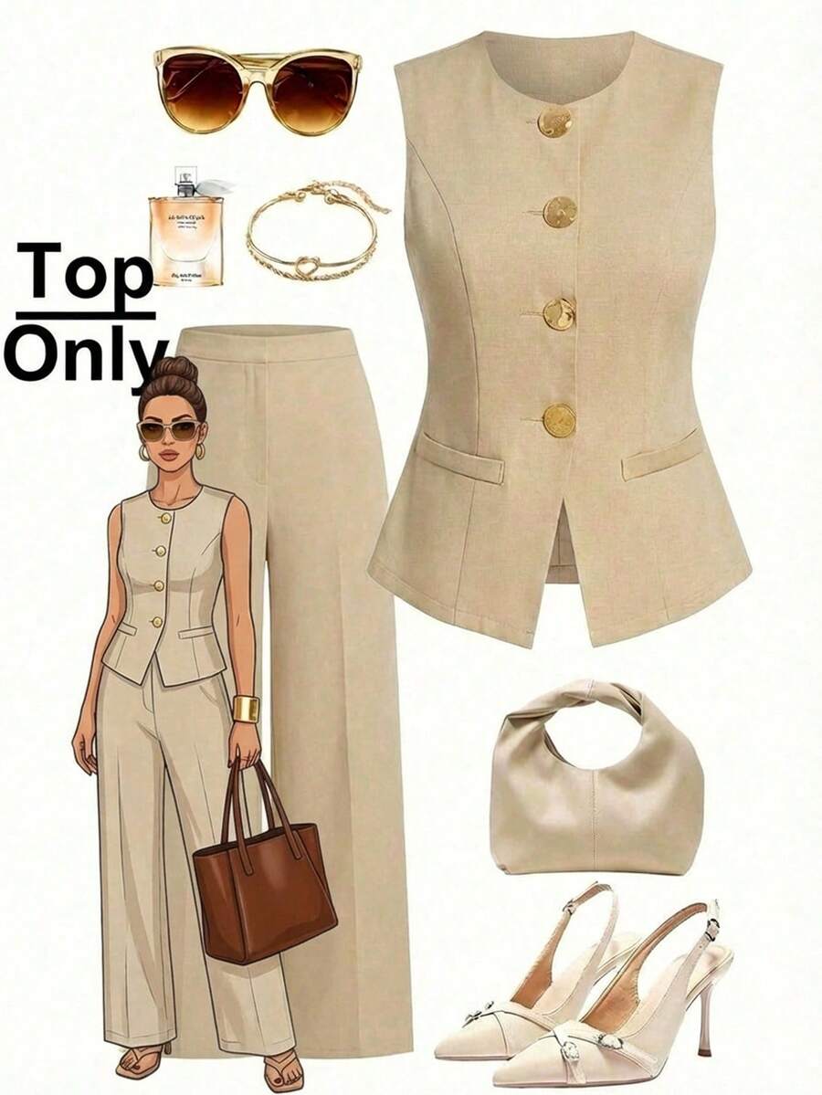 Ellevyn Áo vest không tay dành cho nữ, cài khuy kim loại, thích hợp mặc đi làm, mùa xuân hè, thanh lịch và đi nghỉ mát. - Màu be - Xem 1