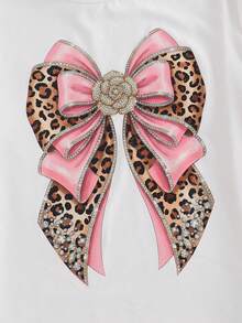 女童休闲圆领T恤，舒适的春夏款，白色，可爱蝴蝶结设计，适合日常穿着 - 白色 - 查看 5