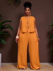 Veslaya Bộ đồ thường ngày thoải mái cho nữ cỡ lớn, gồm áo buộc dây phía trước màu trơn và quần ống rộng. - Màu Mù tạt vàng - Xem 10