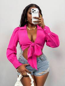 Glyssa 女士修身性感V领系带花瓣袖短款上衣 - 玫紅色 - 查看 6