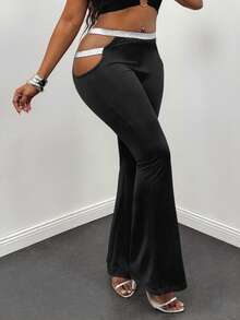 Glyssa Women's Casual Flared Design Low-Waist Hollow-Out Elastic Fitted Pants - Black - View 4