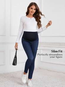 SHEIN Maternity Casual Patchwork Stretchy Knit Skinny Fit Jeans - Dark Wash - View 3