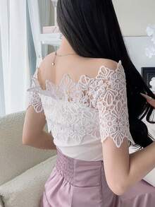 FRIFUL Women's Elegant Lace Patchwork Off-Shoulder Fitted T-Shirt, Summer - White - View 2