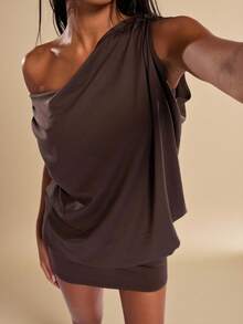 SHEIN BAE 女士休闲波西米亚风串珠腰带不对称露肩连衣裙/音乐节连衣裙/节日派对连衣裙/夜店连衣裙/腰带连衣裙/夏季连衣裙/音乐节连衣裙/锐舞派对连衣裙 - 棕色 - 查看 1