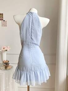 Comfortcana 女士纯色扭结荷叶边下摆优雅无袖迷你连衣裙 - 淺藍色 - 查看 2