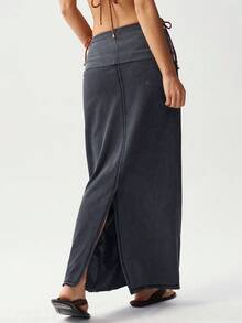 Bohemela Chân váy dệt kim màu trơn kiểu dáng thường ngày dành cho nữ - Xám - Xem 2