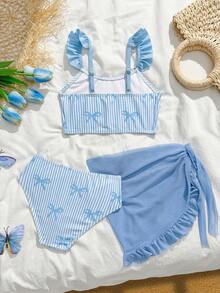 Young Girls 3-Piece Bikini Sets,Cute Blue Vertical Striped Bow Ruffle Mesh Skirt,Summer Beach Holiday Swimming Bathing Suits Toddler Outfits Swimwear - Blue - View 2
