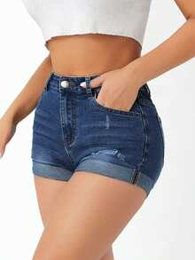 SHEIN PETITE 高腰破洞卷邊牛仔短褲 - 深色水洗藍 - 查看 4