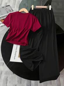 Conjunto de camiseta de manga corta con cuello redondo y pantalones con estampado de caballero para niñas preadolescentes, informal y de verano - Burdeos - Ver 2